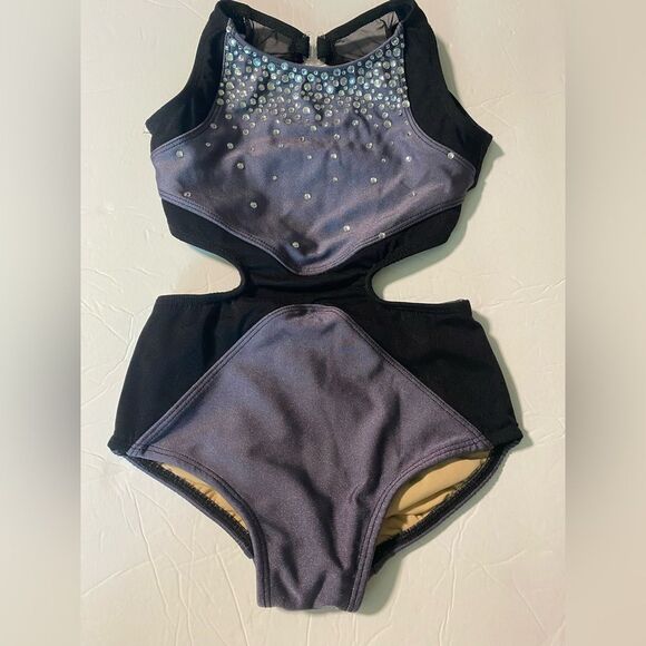 Custom solo dance costume leotard gray rhinestoned MC-Medium child - Picture 4 of 12